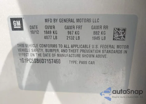 2013 Chevrolet Cruze 1Lt Auto из США, поврежденный, VIN 1G1PC5SB6D7157460